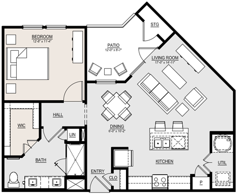 Floor plan for 1 bed, 1 bath, 946 sqft